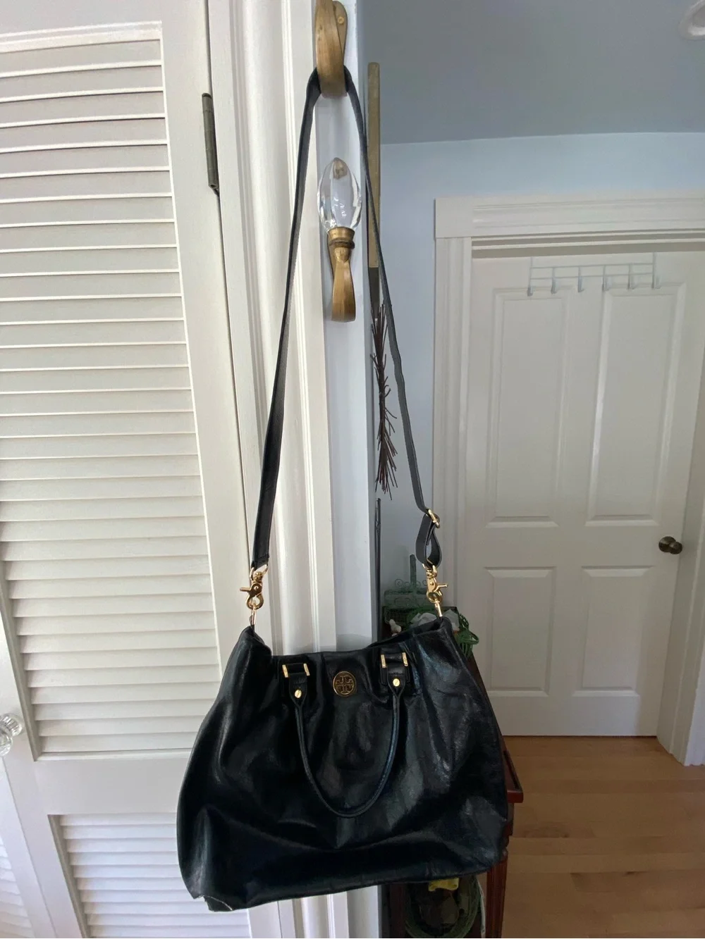Tory Burch Black Leather Tote with Gold Emblem